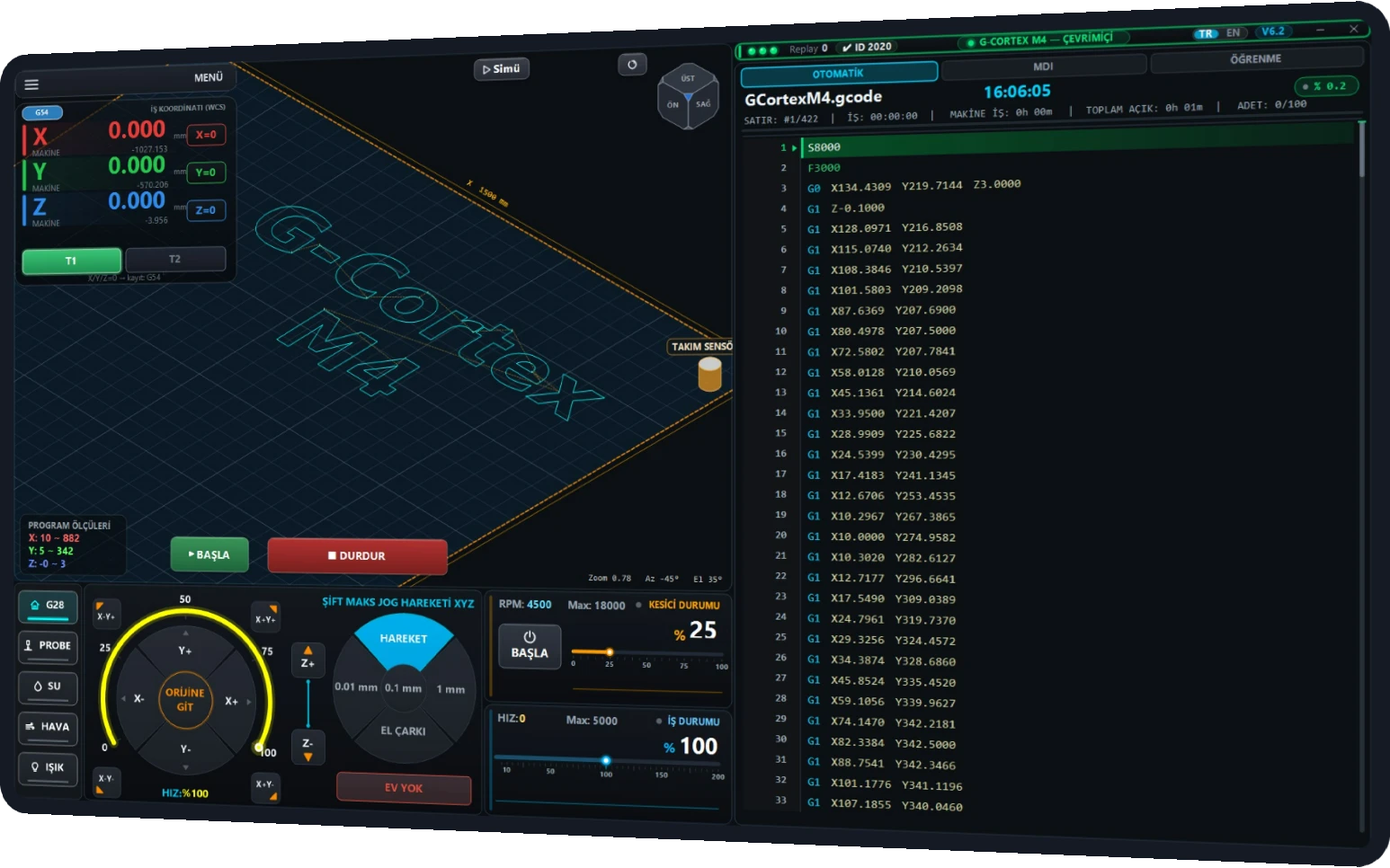 G-Cortex M4 CNC kontrol yazılımı ekranı
